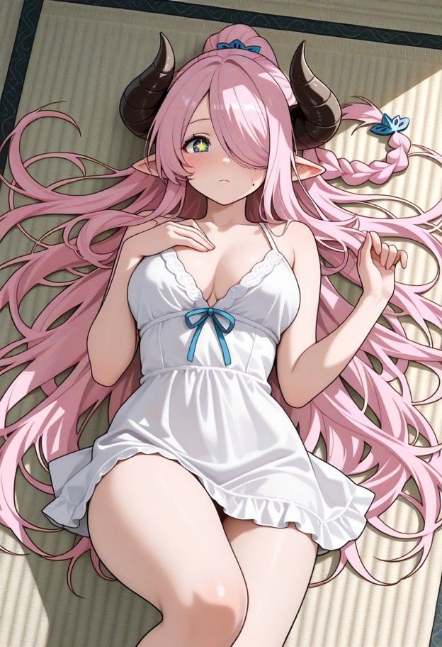 narmaya lying on back,she is,solo,white dress,short dress,sleeveless,bare shoulders,pink hair,very long hair,single b…