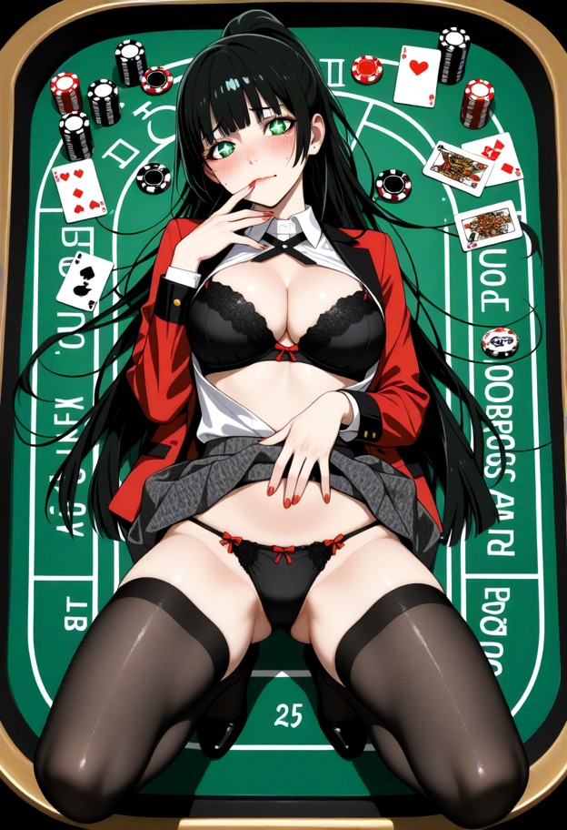 kakegurui,jabami yumeko,grabbing own breast with one hand,large breasts,lying on poker table,playing card,poker chip,…