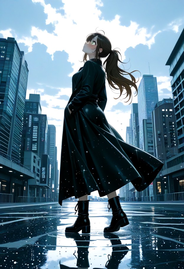 low-angle shot looking up at a woman standing alone on a wet reflective surface,vertical dramatic composition,she is …
