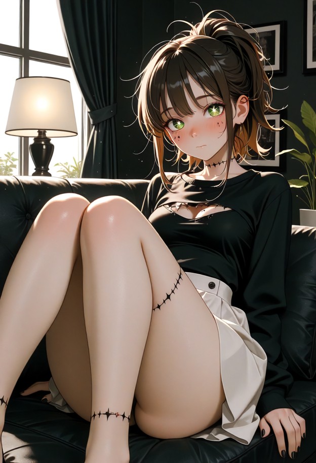 a zombie she is with messy black hair sitting on a couch,she is,solo,white skirt,torn clothes,long sleeves,stitches,y…