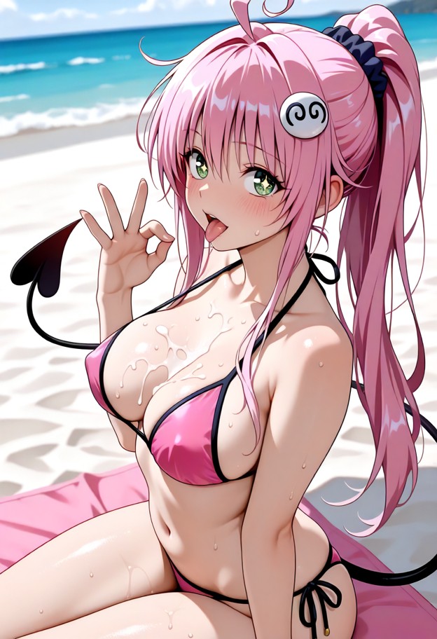 lala satalin deviluke,sitting on the beach,cum on her body,pink bikini,beach,ocean,blurry background,solo focus,looki…