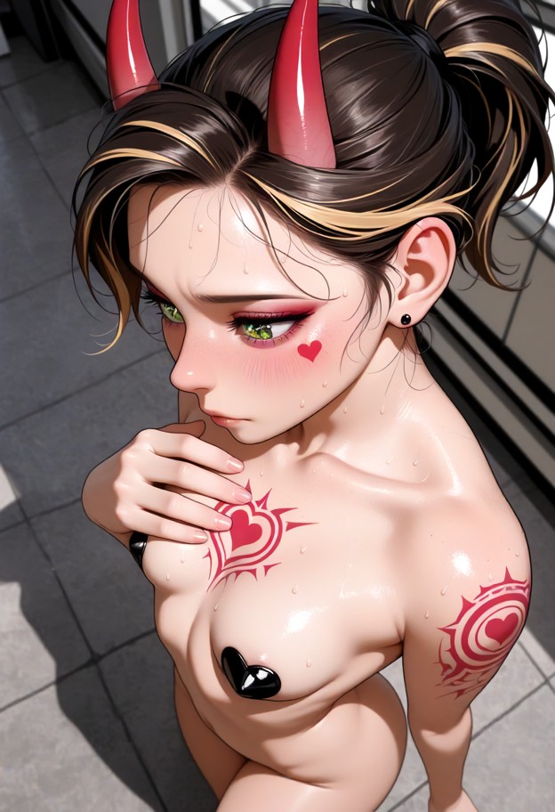 hand on own chest,demon girl,horns,small,eyelashes,eyeliner,pixie cut,streaked hair,chest tattoo,muscular female,flat…