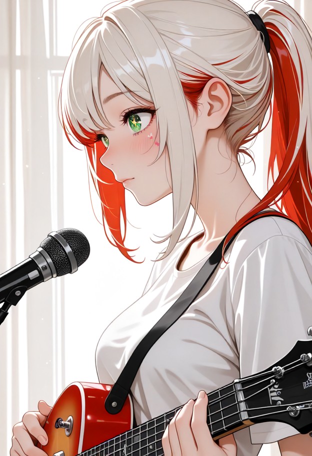 she is with multicolored hair is playing guitar,white shirt,music studio,close-up,portrait,soft lighting,two-tone hai…