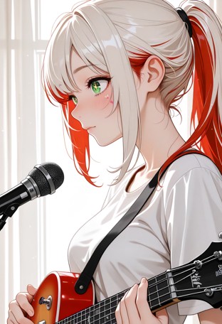1girl standing, playing acoustic guitar, singing sad into microphone "Everything, everything's gonna be okay.
If you …