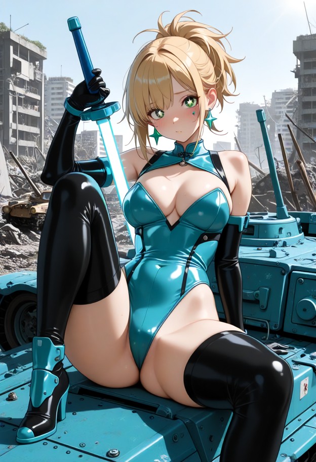 a blonde she is sitting on a tank holding a beam saber,blue leotard,highleg leotard,black thighhighs,jewelry,earrings…