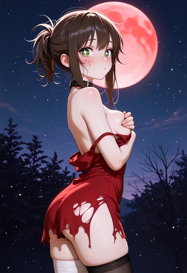 she is,solo,looking at viewer,torn red dress,off shoulder,short hair with long locks,brown hair,red eyes,blush,sweat,…