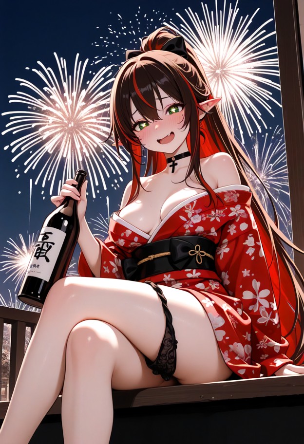 she is sitting outdoors holding sake bottle,red kimono,open clothes,bow panties,black panties around one leg,legs cro…