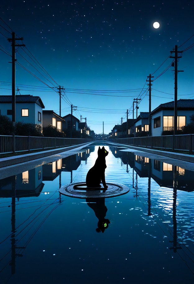a black cat sitting by the water,solo,black cat,outdoors,night,water,sky,building,reflection,power lines,scenery,wide…