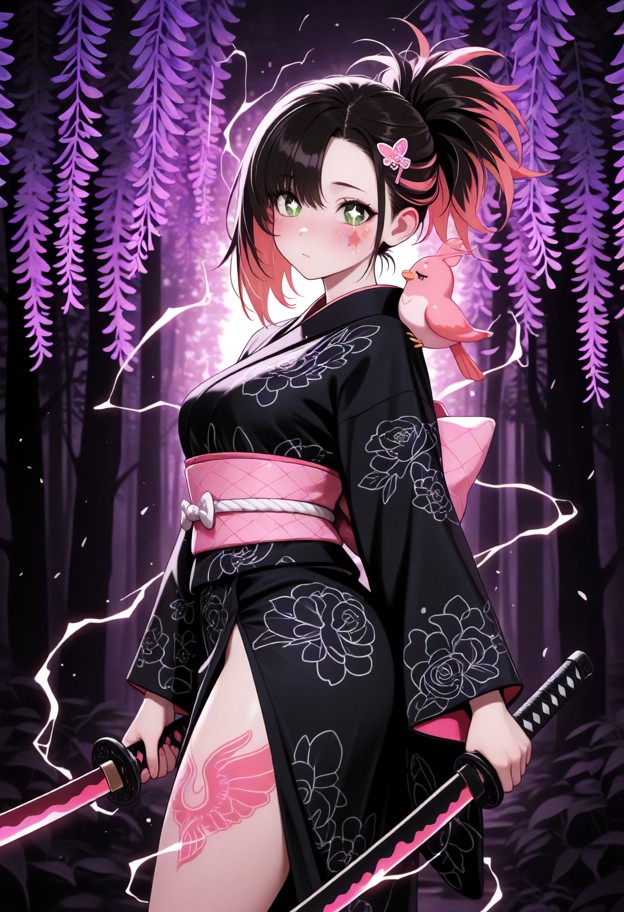 dark wisteria forest background,wide black aura eyelashes,holding katana with black aura blade and black handle,white…