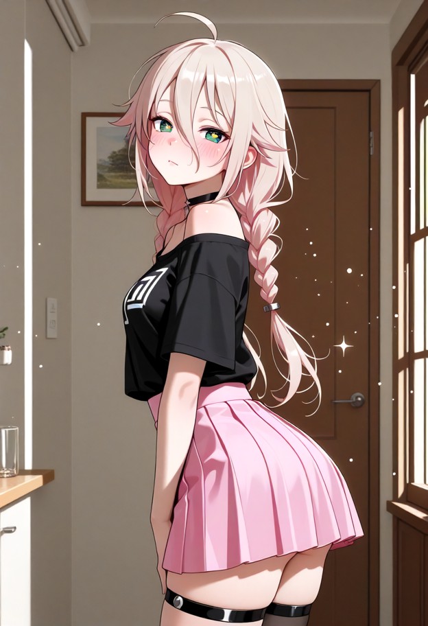 she is,ia (vocaloid),pink hair,twin braids,long hair,ahoge,choker,black shirt,short sleeves,off shoulder,pink skirt,p…