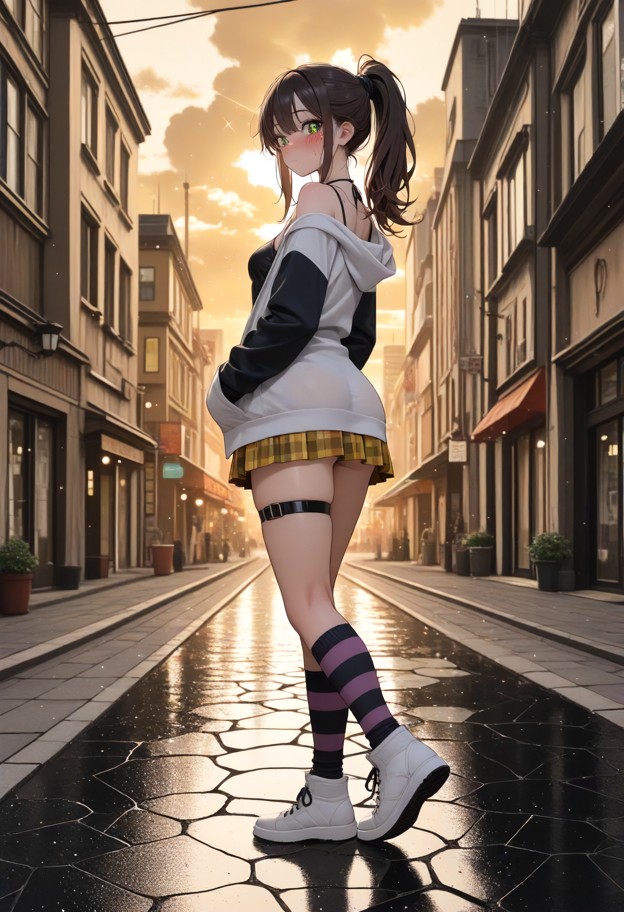 1girl walking through city street after rain,bare shoulder,white oversized hoodie with long dark blue-purple sleeves,…