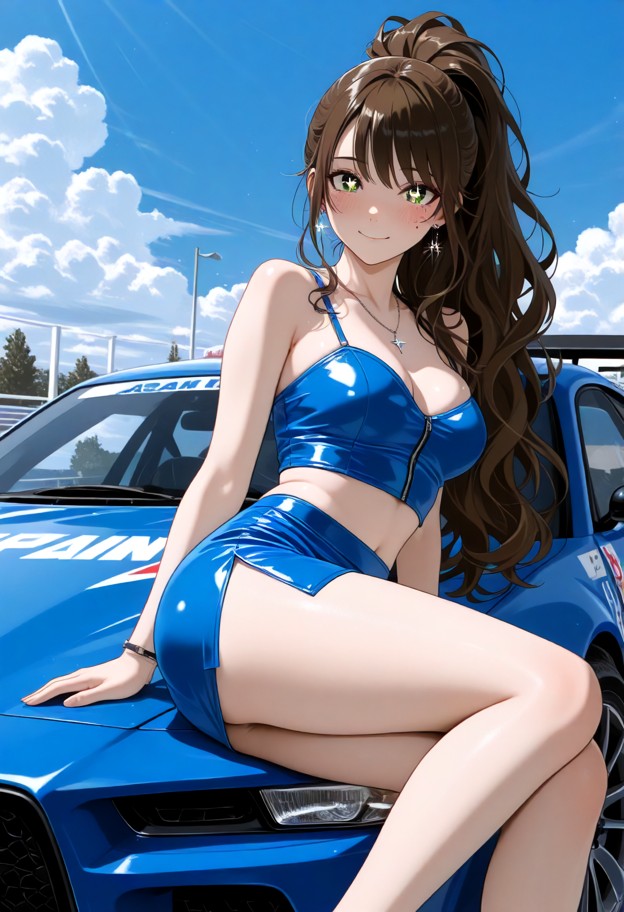 a happy race queen sitting on a sports car,crop top,blue skirt,miniskirt,pencil skirt,jewelry,necklace,bracelet,earri…