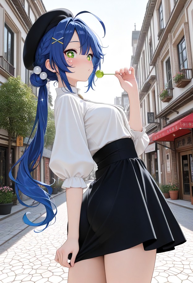 amamiya kokoro holding lollipop,white shirt,puffy sleeves,black skirt,beret,black headwear,hair ornament,blue hair,ye…