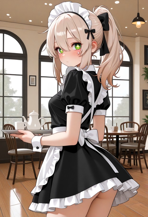 ayanami (azur lane) is holding a tray in a cafe,maid outfit,black dress,white apron,maid headdress,frilled dress,puff…