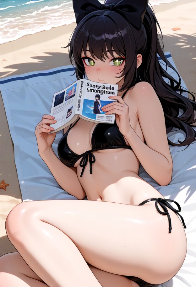 blake belladonna,lying on her back on the sand while reading a book,solo,black bikini,string bikini,front-tie bikini …