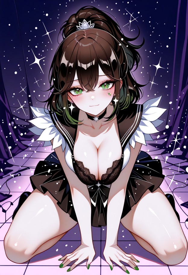 sailor saturn,tomoe hotaru,kneeling,on ground,magical girl,short hair,blush stickers,blushing profusely,open clothes,…