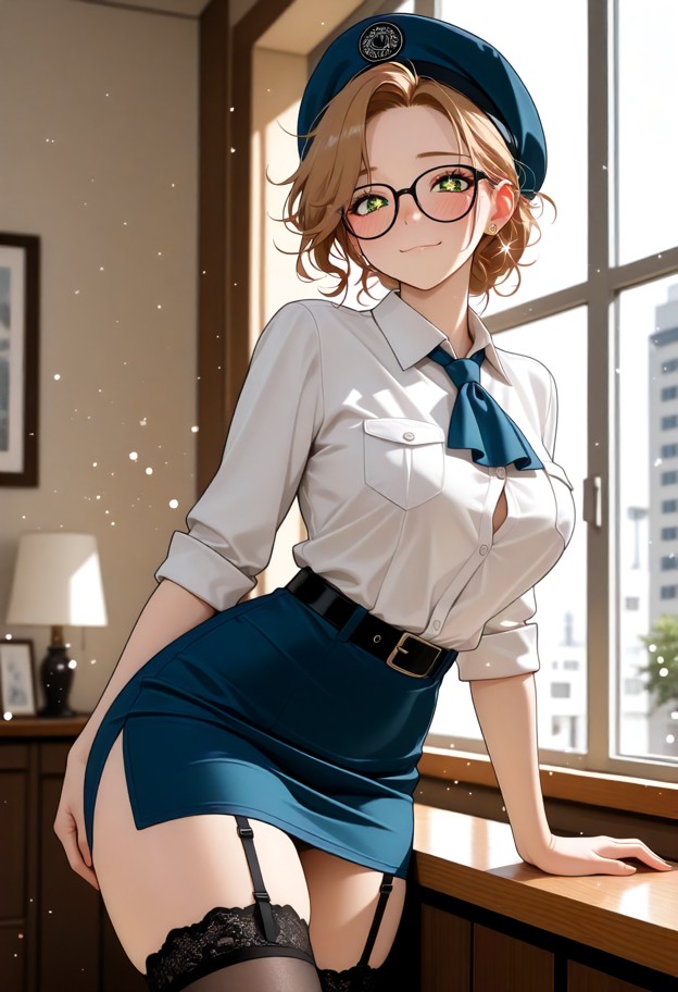 she is standing and looking at viewer,white shirt,blue ascot,blue skirt,black thighhighs,black garter straps,glasses,…