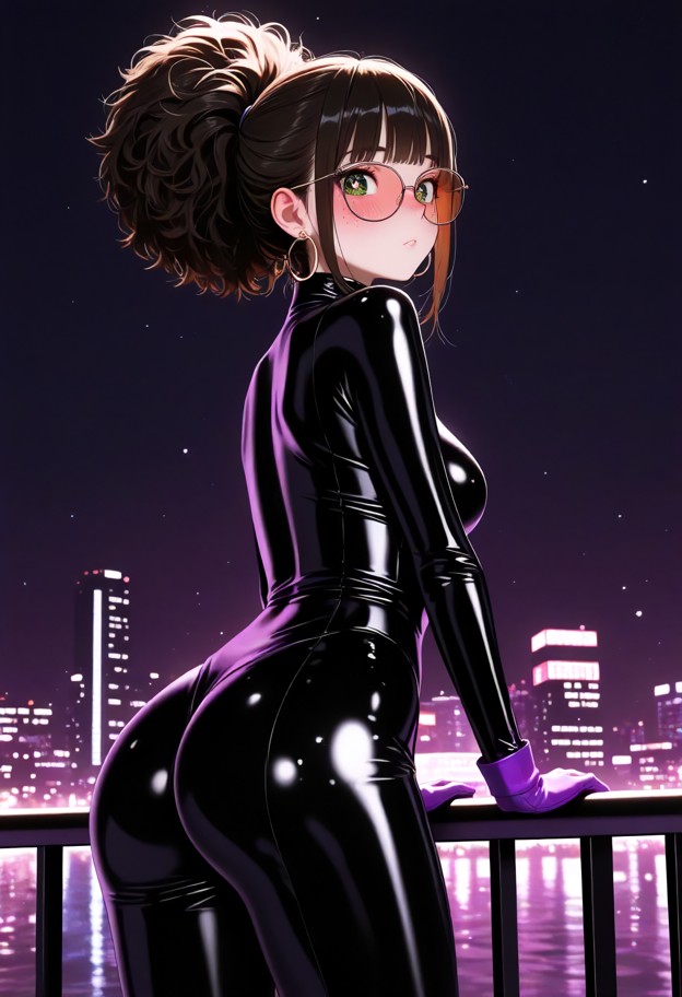 she is,solo,dark-skinned she is wearing a skin tight black latex bodysuit and purple gloves,bodysuit,black hair,afro,…