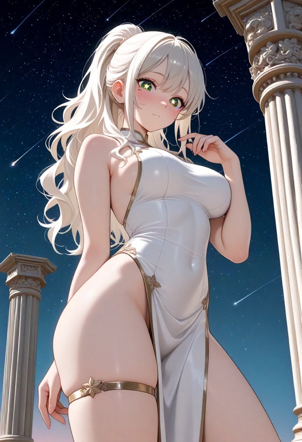 she is solo,looking at viewer,white hair,blue eyes,wavy hair,parted lips,blush,sleeveless white dress,gold trim,taut …