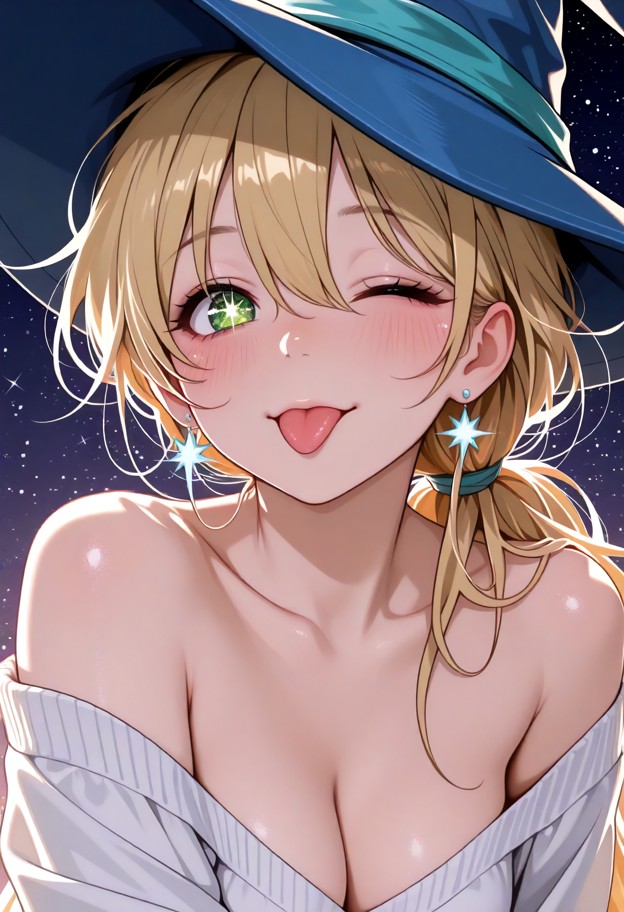 she is,solo,magician she is looking at viewer,blonde hair,green eyes,wizard hat,blue headwear,jewelry,off shoulder,ba…