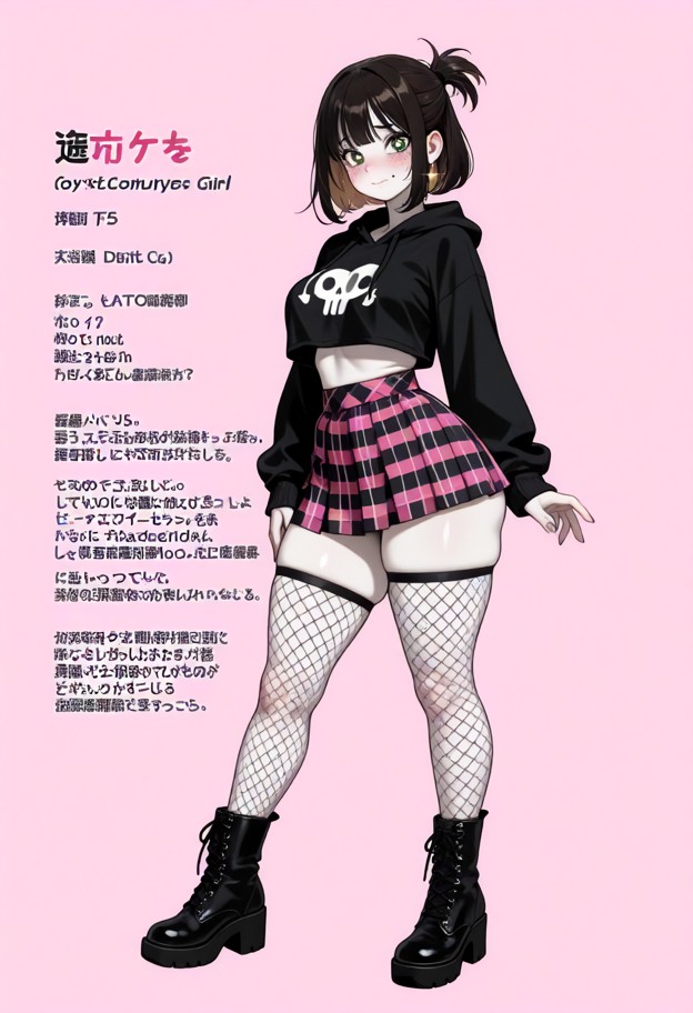 mature goth girl,pale skin,black hair with pink highlights,bob cut,pink eyes,medium breasts,thick thighs,smirking at …