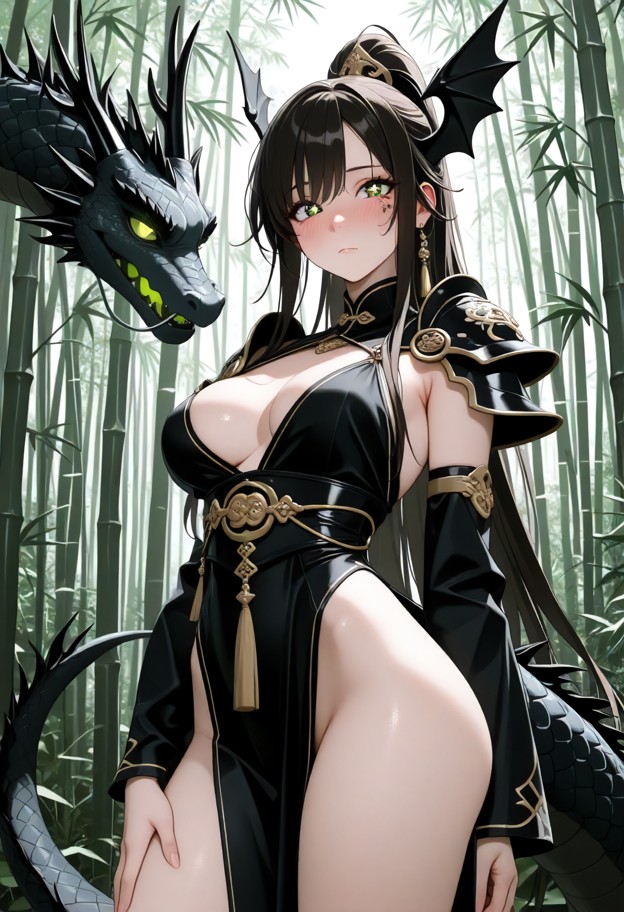a dragon she is standing in the bamboo forest,solo,black dress,detached sleeves,shoulder armor,pelvic curtain,no pant…