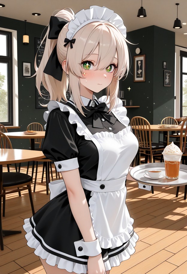 ayanami (azur lane) is holding a tray in a cafe,maid outfit,black dress,white apron,maid headdress,frilled dress,puff…