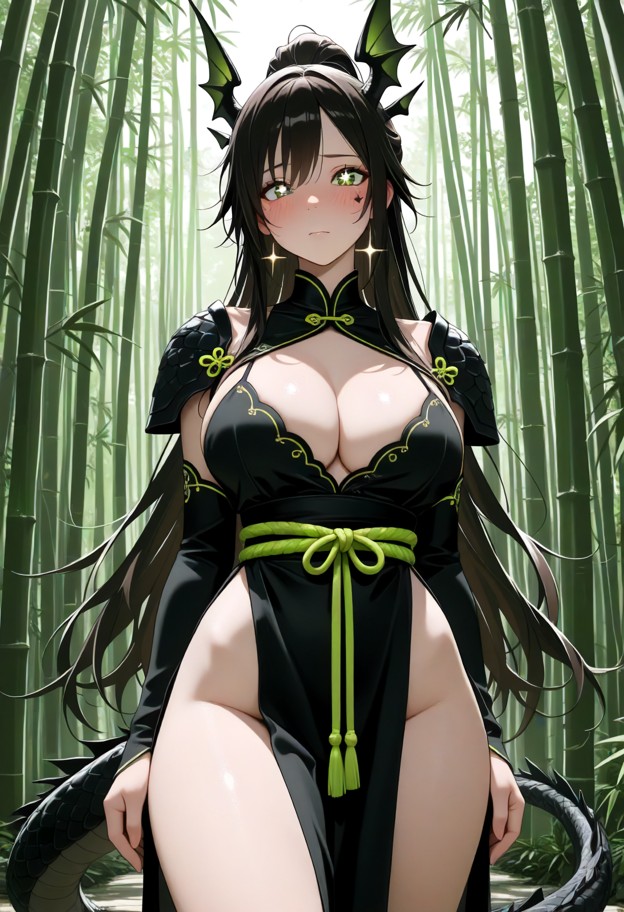 a dragon she is standing in the bamboo forest,solo,black dress,detached sleeves,shoulder armor,pelvic curtain,no pant…