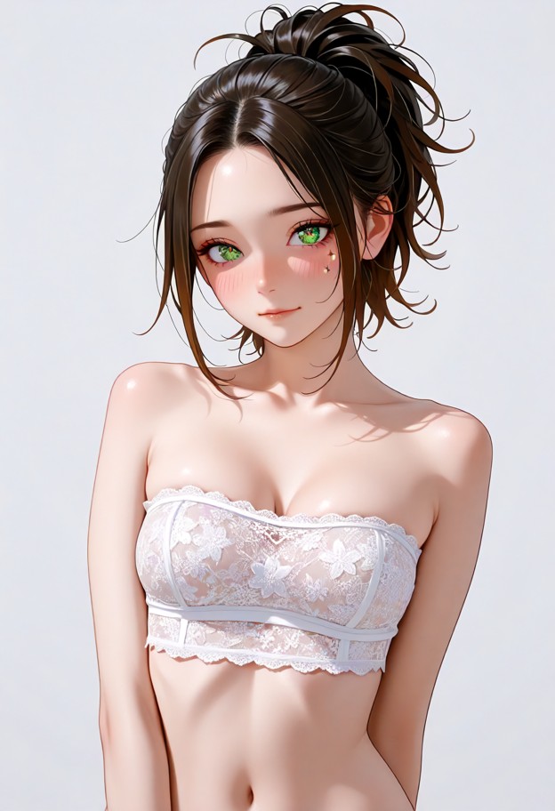 a woman wearing a coordinated minimalist black lingerie-top:
a simple fitted white bandeau crop top made entirely fro…