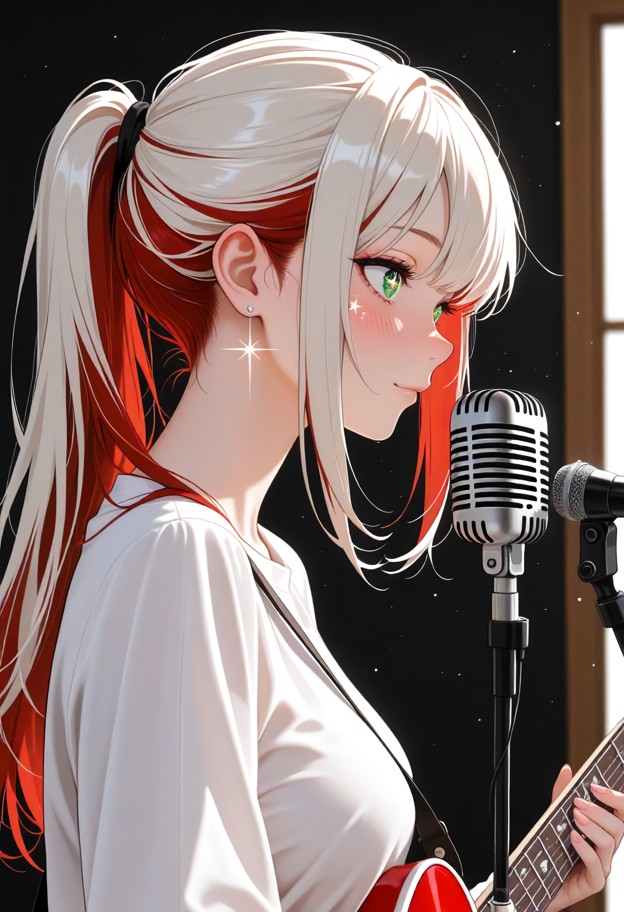 she is with multicolored hair is playing guitar,white shirt,music studio,close-up,portrait,soft lighting,two-tone hai…
