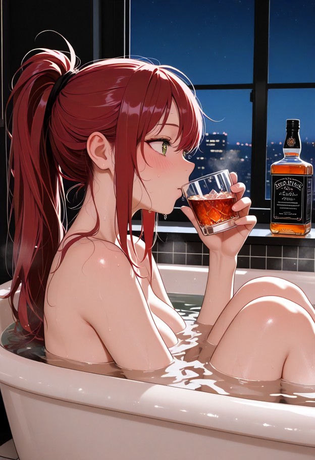 a red haired she is is drinking whiskey in a bathtub,naked,indoors,bathtub,tiles,steam,profile,side view,soft lightin…