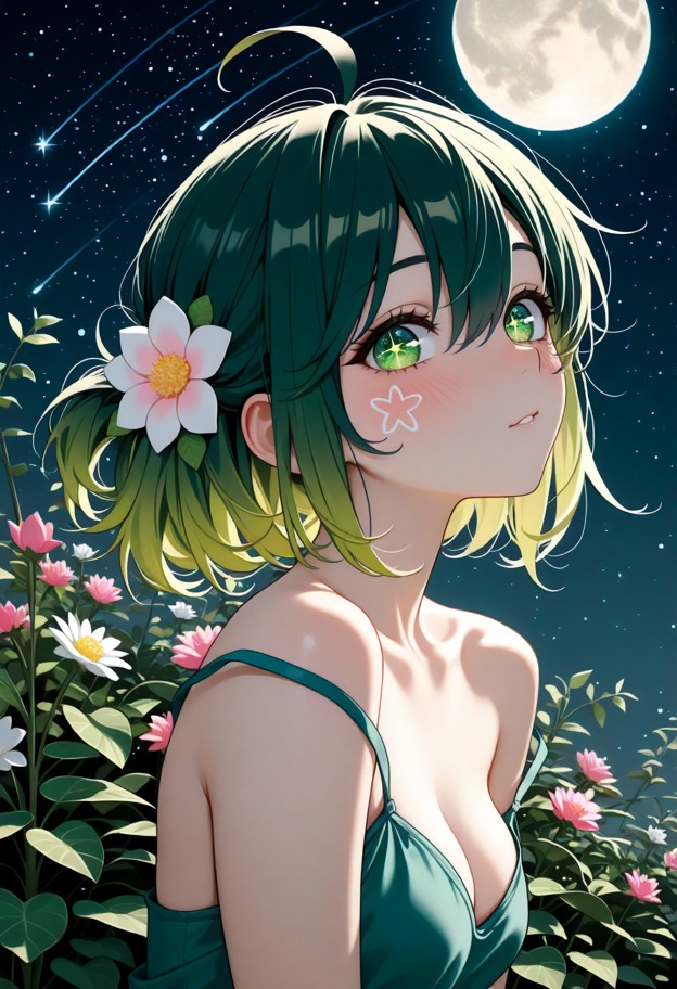 she is,solo,looking at viewer,wearing green dress,strap slip,bare shoulders,cleavage,outdoors,night sky,full moon,sta…