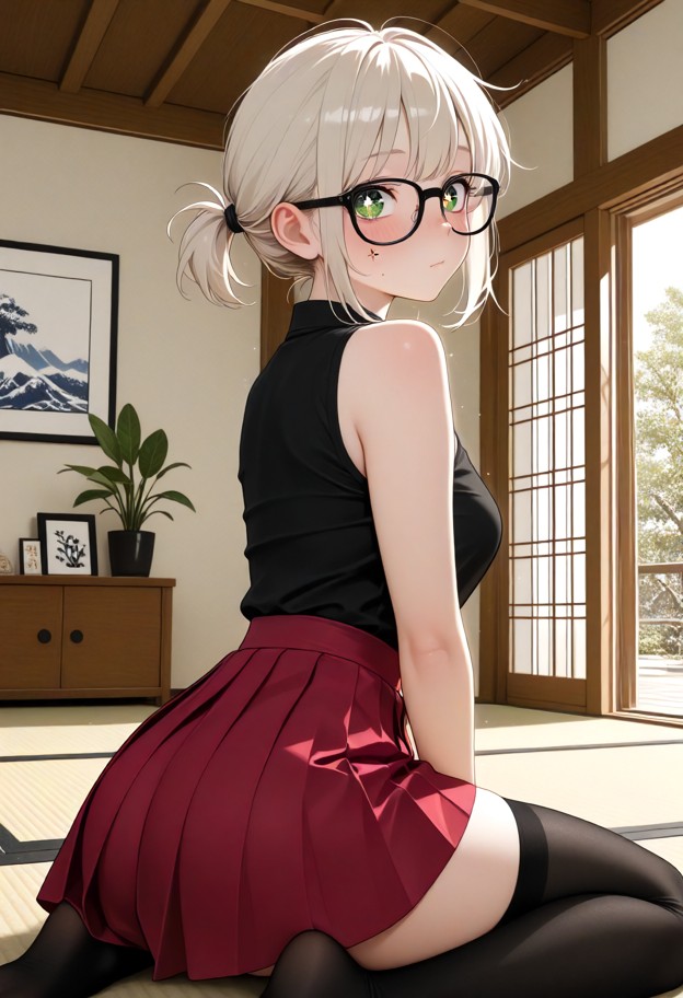 she is sitting,sleeveless black shirt,red pleated skirt,black thighhighs,black-framed eyewear,white hair,short hair,g…