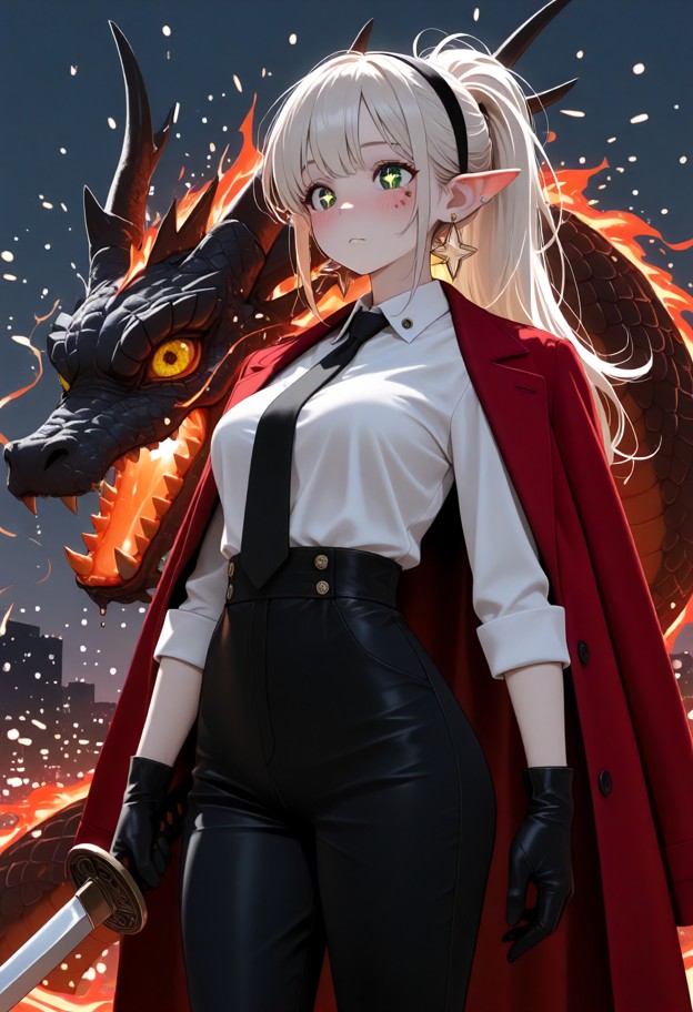 she is,solo,holding sword,white hair,red eyes,pointy ears,mole under eye,wearing white shirt,red jacket,black necktie…