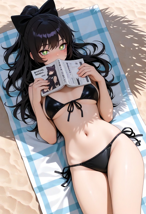 blake belladonna,lying on her back on the sand while reading a book,solo,black bikini,string bikini,front-tie bikini …