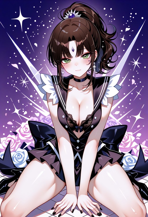 sailor saturn,tomoe hotaru,kneeling,on ground,magical girl,short hair,blush stickers,blushing profusely,open clothes,…
