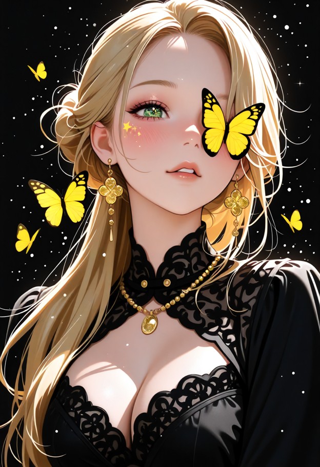 she is with blonde hair and yellow eyes looking at viewer,black dress,cleavage cutout,jewelry,necklace,earrings,black…