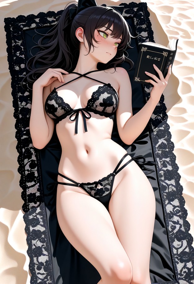 blake belladonna,lying on her back on the sand while reading a book,solo,black bikini,string bikini,front-tie bikini …