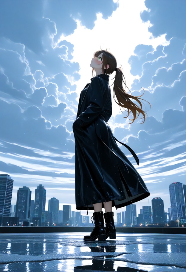 low-angle shot looking up at a woman standing alone on a wet reflective surface,vertical dramatic composition,she is …