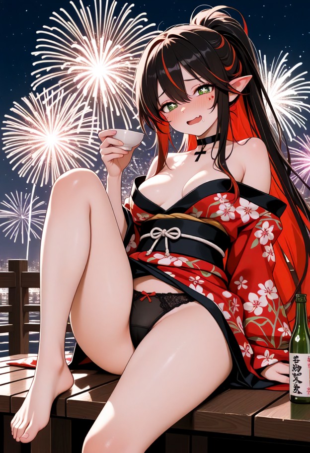 she is sitting outdoors holding sake bottle,red kimono,open clothes,bow panties,black panties,black choker,red hair,m…