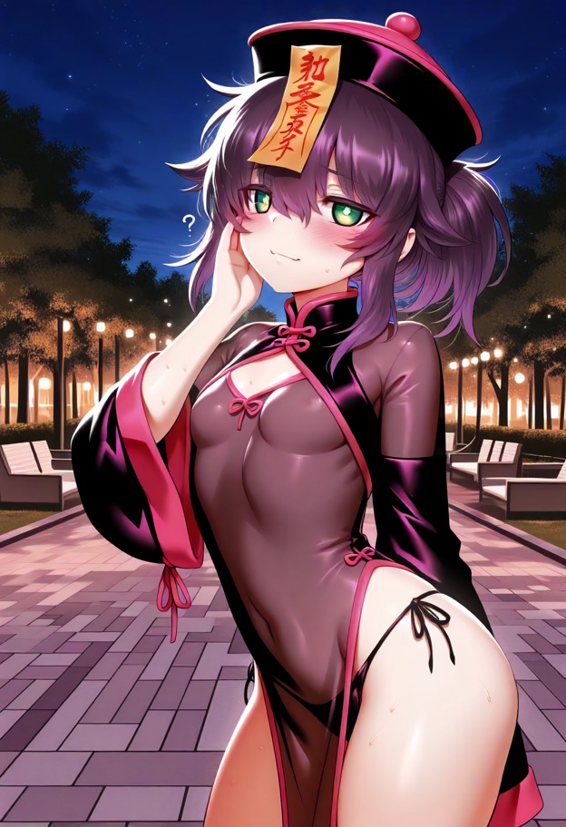 m-da s-tarou,purple hair,messy hair,hair over eyes,long bangs,public,exhibitionism,jiangshi costume,flat chest,see-th…