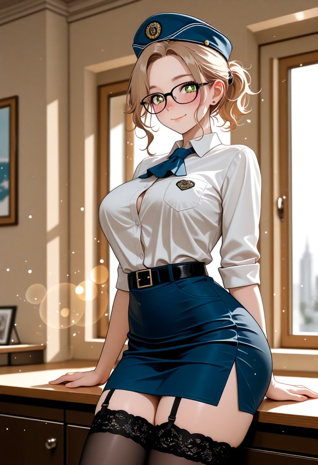 she is standing and looking at viewer,white shirt,blue ascot,blue skirt,black thighhighs,black garter straps,glasses,…