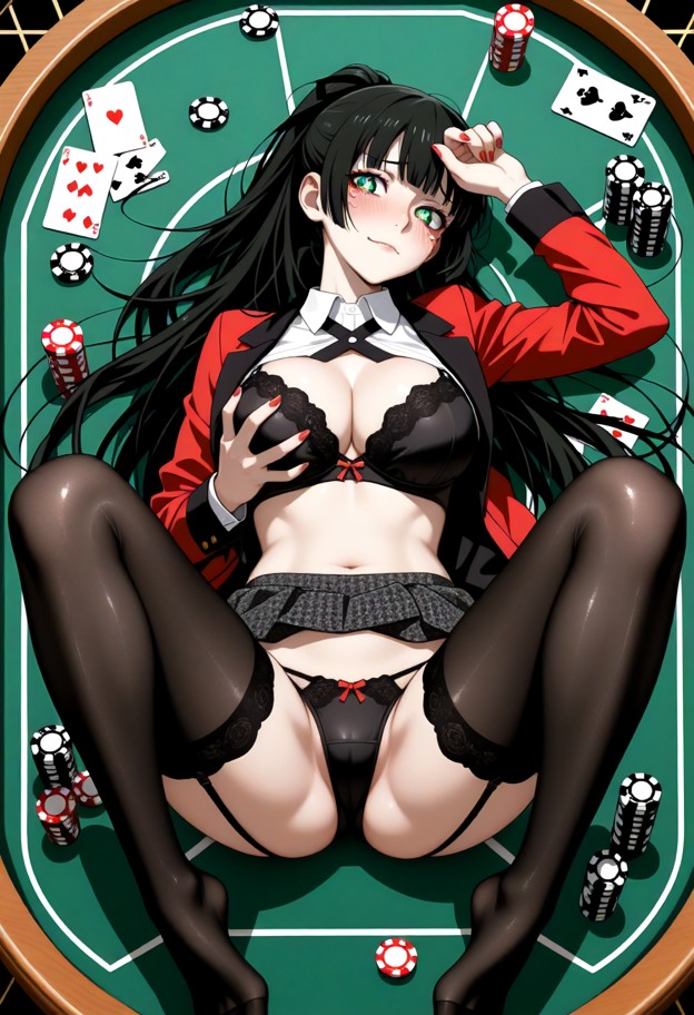 kakegurui,jabami yumeko,grabbing own breast with one hand,large breasts,lying on poker table,playing card,poker chip,…