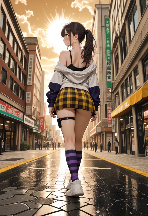 1girl walking through city street after rain,bare shoulder,white oversized hoodie with long dark blue-purple sleeves,…