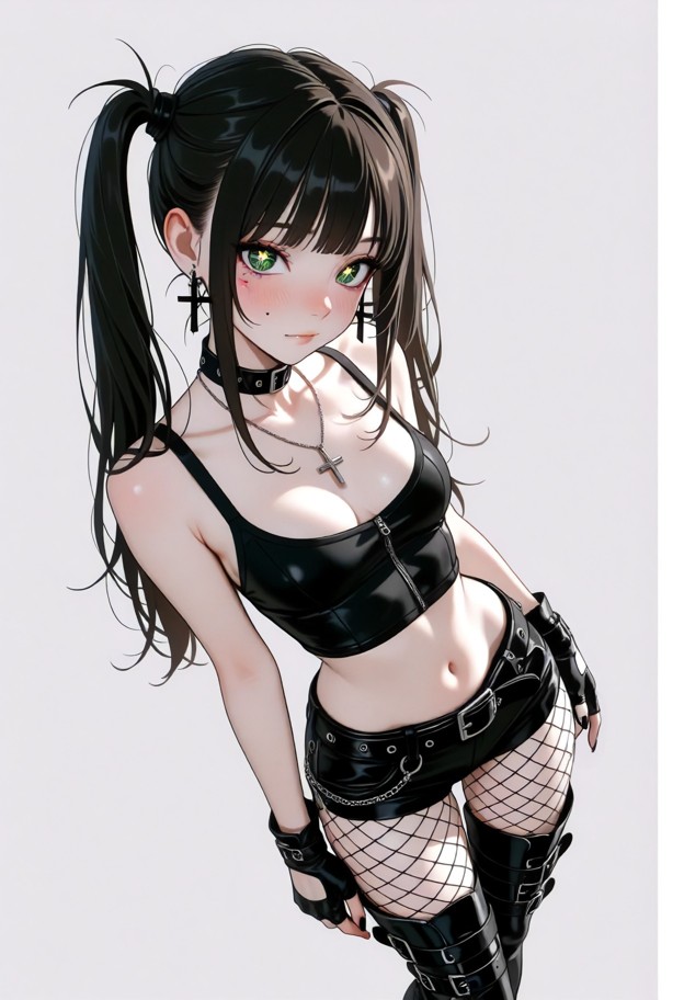 she is standing and looking at viewer, black shirt, crop top, black shorts, short shorts, black belt, fishnet pantyho…