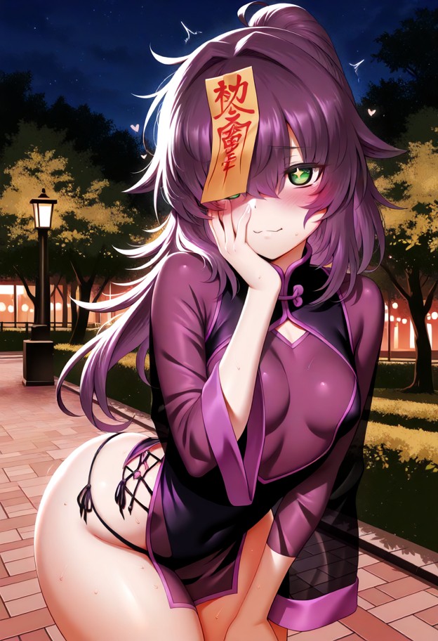 m-da s-tarou,purple hair,messy hair,hair over eyes,long bangs,public,exhibitionism,jiangshi costume,flat chest,see-th…