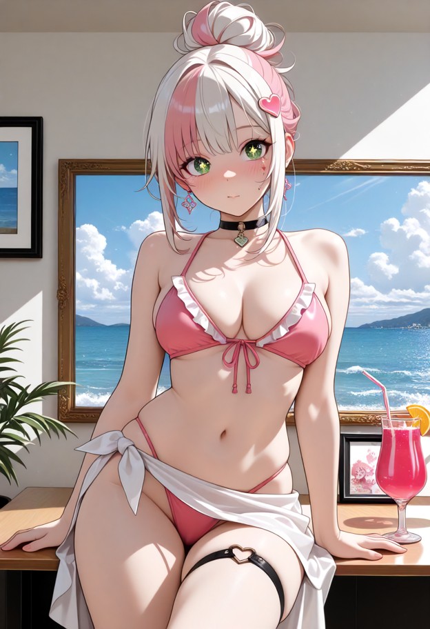 she is,solo,sitting at a table wearing a pink frilled string bikini,pink hair,white hair,two-tone hair,single hair bu…