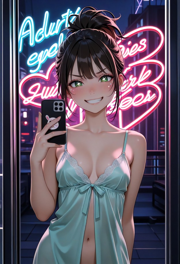 a she is is smiling at viewer,solo,nightgown,black hair,green eyes,neon lights,night,upper body,facing viewer,cinemat…