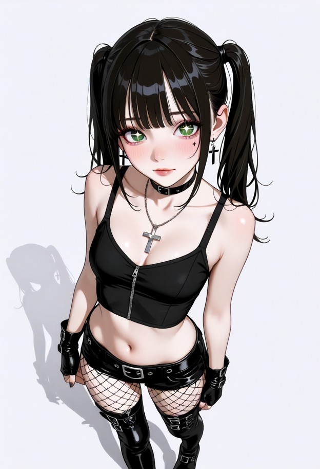 she is standing and looking at viewer,black shirt,crop top,black shorts,short shorts,black belt,fishnet pantyhose,thi…