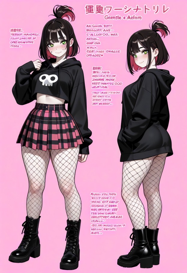 mature goth girl,pale skin,black hair with pink highlights,bob cut,pink eyes,medium breasts,thick thighs,smirking at …